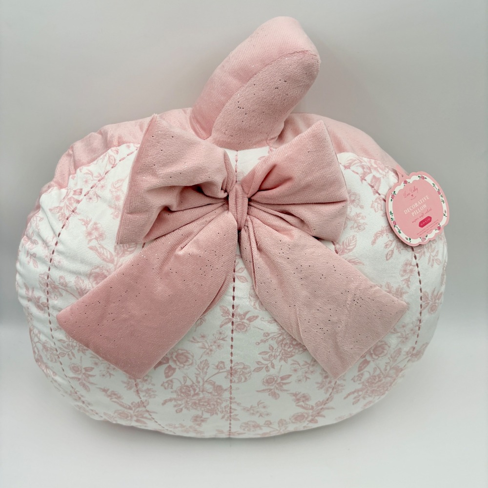 Loire Valley Maison Pink Floral Toile Pumpkin Decorative Pillow Velvet Bow NEW